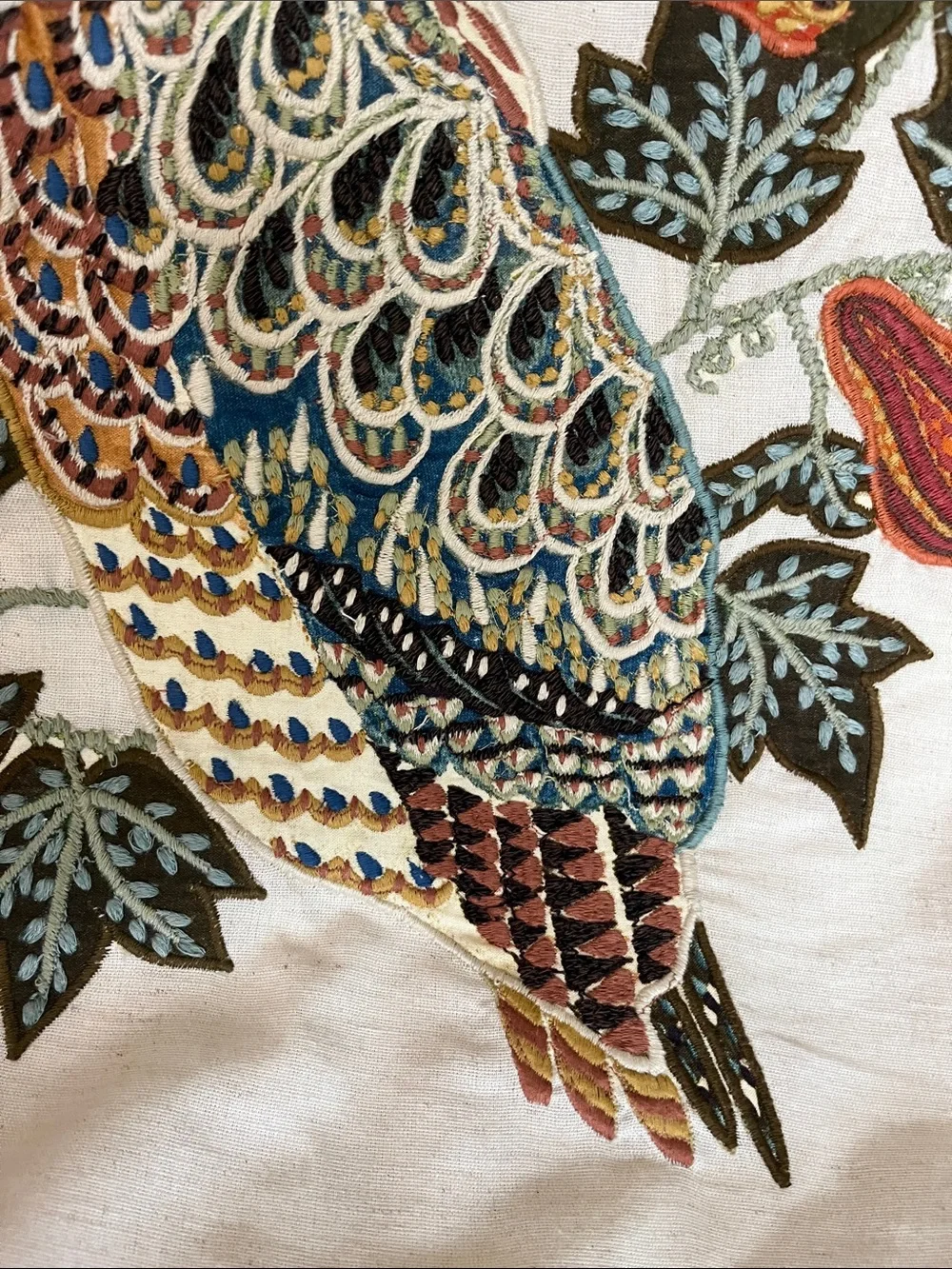 Pottery Barn owl with berries embroidered appliqué, pillow cover, cotton linen